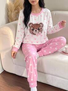 少女卡通熊愛心印花睡衣套裝，粉色長袖上衣與長褲 2 件套，休閒居家服睡衣修身款 - 淺粉色 - 查看 7