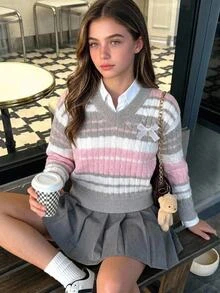Girls' College Style Striped Cable Knit Sweater, V-Neck Bow Decor Long Sleeve Pullover, Cute Girly Campus Style Autumn/Winter Knit Top - Pink - View 5