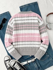 Girls' College Style Striped Cable Knit Sweater, V-Neck Bow Decor Long Sleeve Pullover, Cute Girly Campus Style Autumn/Winter Knit Top - Pink - View 2