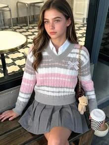 Girls' College Style Striped Cable Knit Sweater, V-Neck Bow Decor Long Sleeve Pullover, Cute Girly Campus Style Autumn/Winter Knit Top - Pink - View 6