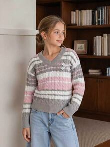 Girls' College Style Striped Cable Knit Sweater, V-Neck Bow Decor Long Sleeve Pullover, Cute Girly Campus Style Autumn/Winter Knit Top - Pink - View 1