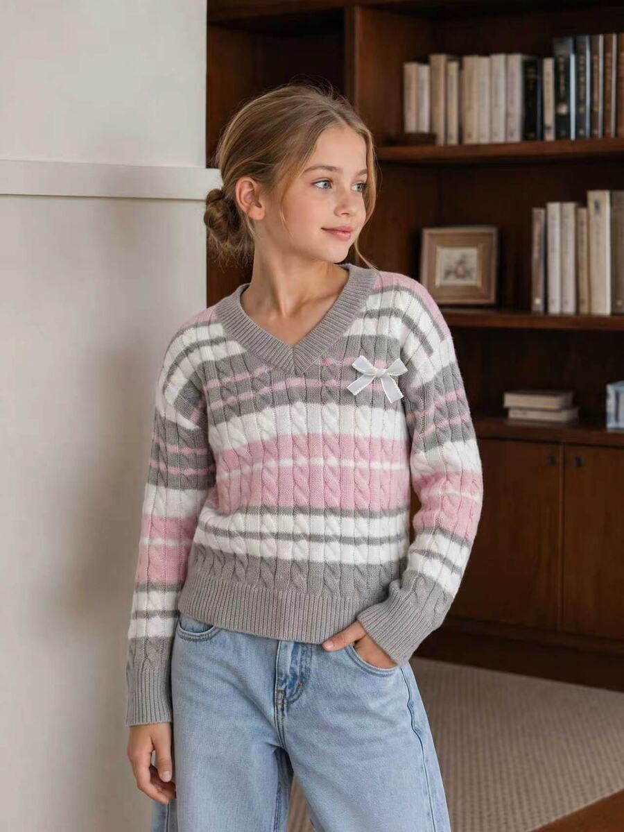 Girls' College Style Striped Cable Knit Sweater, V-Neck Bow Decor Long Sleeve Pullover, Cute Girly Campus Style Autumn/Winter Knit Top - Pink - View 1