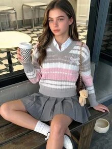 Girls' College Style Striped Cable Knit Sweater, V-Neck Bow Decor Long Sleeve Pullover, Cute Girly Campus Style Autumn/Winter Knit Top - Pink - View 4