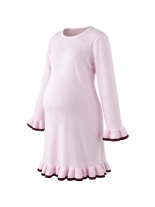 SHEIN Maternity Sweater Dress, Slim Fit, Contrast Color Collar And Cuff With Ruffle Hem Design, Elegant Date, Solid Color Long Sleeve Knit Dress, Versatile Round Neck Pullover Sweater Dress - Pink - View 12