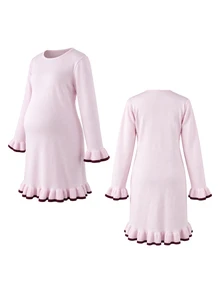 SHEIN Maternity Sweater Dress, Slim Fit, Contrast Color Collar And Cuff With Ruffle Hem Design, Elegant Date, Solid Color Long Sleeve Knit Dress, Versatile Round Neck Pullover Sweater Dress - Pink - View 8
