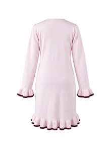 SHEIN Maternity Sweater Dress, Slim Fit, Contrast Color Collar And Cuff With Ruffle Hem Design, Elegant Date, Solid Color Long Sleeve Knit Dress, Versatile Round Neck Pullover Sweater Dress - Pink - View 7