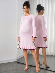 SHEIN Maternity Sweater Dress, Slim Fit, Contrast Color Collar And Cuff With Ruffle Hem Design, Elegant Date, Solid Color Long Sleeve Knit Dress, Versatile Round Neck Pullover Sweater Dress - Pink - View 5