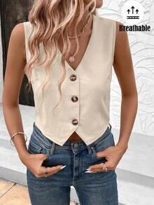 Easowa Women's Solid Color Single-Breasted Casual Vest Shirt Fashion Sleeveless Fall , Autumn/Winter - Khaki - View 9
