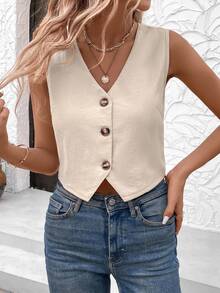 Easowa Women's Solid Color Single-Breasted Casual Vest Shirt Fashion Sleeveless Fall , Autumn/Winter - Khaki - View 10