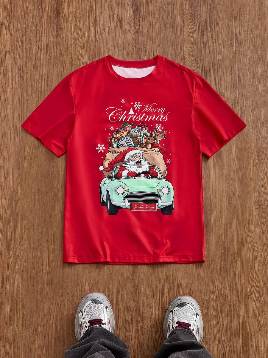 SWAVVY Men's Christmas Print Short Sleeve T-Shirt - Red - View 1