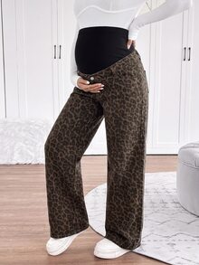 SHEIN Maternity Knitted Leopard Print Denim Loose Straight Leg Pants Cowgirl Outfits For Women Leopard Print - Brown - View 5