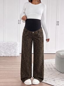 SHEIN Maternity Knitted Leopard Print Denim Loose Straight Leg Pants Cowgirl Outfits For Women Leopard Print - Brown - View 4