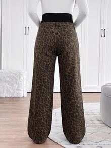 SHEIN Maternity Knitted Leopard Print Denim Loose Straight Leg Pants Cowgirl Outfits For Women Leopard Print - Brown - View 2