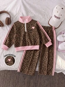 2pcs Baby Girls Sweatshirt Pants Cute Pink Brown Leopard Heart Zip Striped Long Sleeve Mock Neck Regular Birthday Fall Holiday Christmas Ribbed Trim - Multicolor - View 4