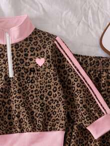 2pcs Baby Girls Sweatshirt Pants Cute Pink Brown Leopard Heart Zip Striped Long Sleeve Mock Neck Regular Birthday Fall Holiday Christmas Ribbed Trim - Multicolor - View 8