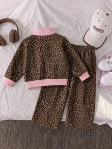 2pcs Baby Girls Sweatshirt Pants Cute Pink Brown Leopard Heart Zip Striped Long Sleeve Mock Neck Regular Birthday Fall Holiday Christmas Ribbed Trim - Multicolor - View 3