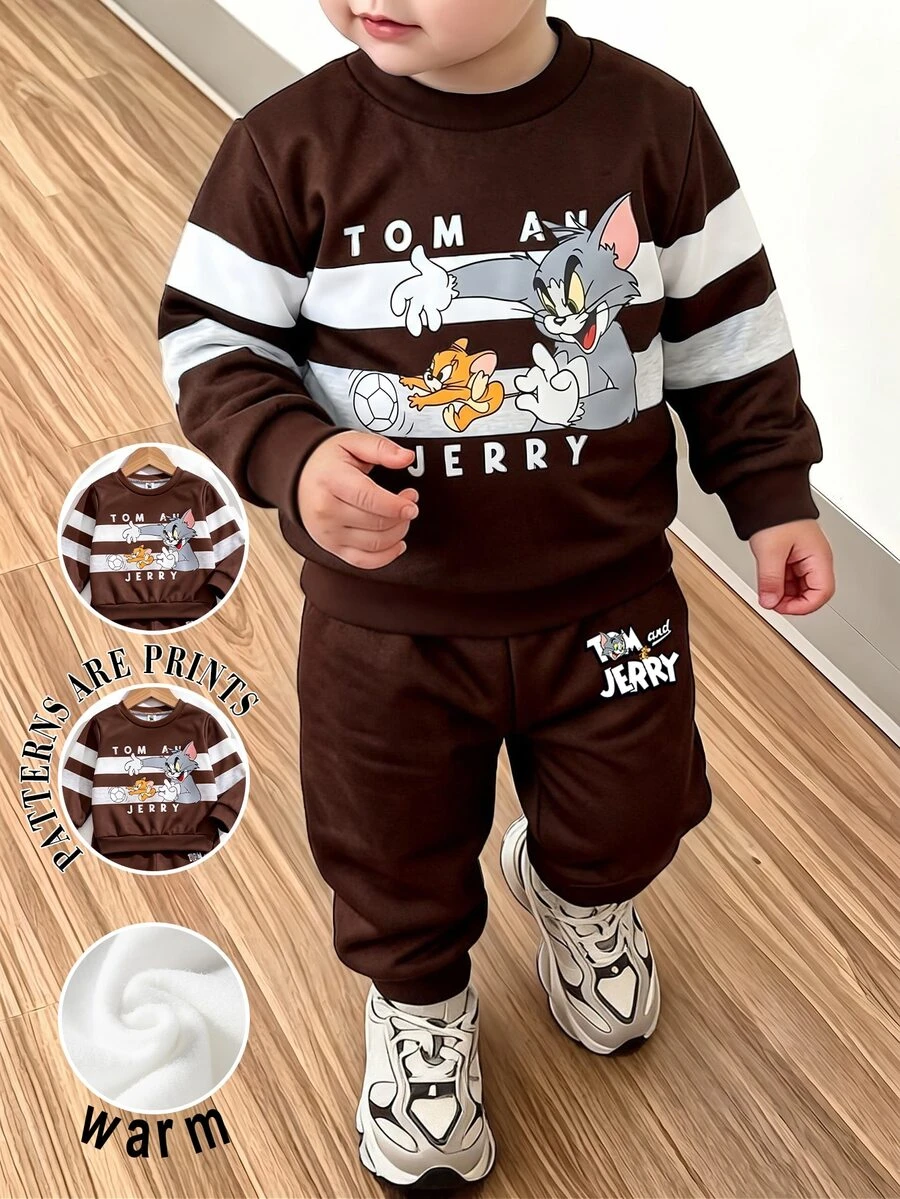TOM & JERRY X SHEIN 小男孩可愛卡通印花圓領長袖運動衫與配套運動長褲套裝,適合秋冬穿著 - 彩色 - 查看 1