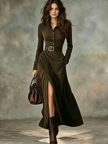 Glimmora Autumn/Winter Women's Fashion Vintage Solid Color Cross High Slit Hem Half-Open Front Button Lapel Long Sleeve Regular Shoulder Long Dress - Green - View 7