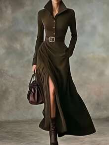 Glimmora Autumn/Winter Women's Fashion Vintage Solid Color Cross High Slit Hem Half-Open Front Button Lapel Long Sleeve Regular Shoulder Long Dress - Green - View 1