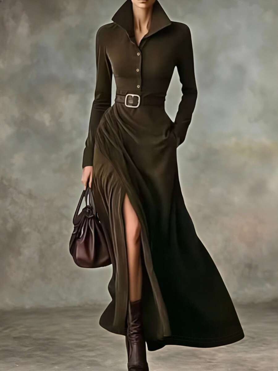 Glimmora Autumn/Winter Women's Fashion Vintage Solid Color Cross High Slit Hem Half-Open Front Button Lapel Long Sleeve Regular Shoulder Long Dress - Green - View 1