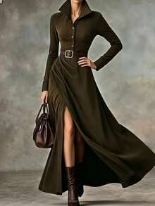 Glimmora Autumn/Winter Women's Fashion Vintage Solid Color Cross High Slit Hem Half-Open Front Button Lapel Long Sleeve Regular Shoulder Long Dress - Green - View 6