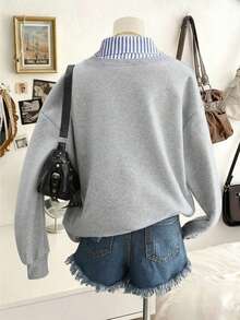 EMERY ROSE Plus Size Casual Linen Striped Patchwork Collared Pullover Sweatshirt, Fashionable & Versatile, Suitable For Autumn Daily Wear & Holidays Fall - Multicolor - View 2