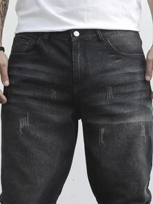 Manfinity CasualKnits Men's Plus Size Cat Whiskers Design Slim Fit Jeans Long Ripped Frayed Jean Cargo Plain Black Work Casual Going Out Hang Out College Street Work - Black - View 3
