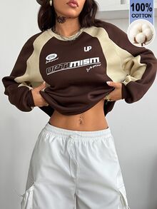 Coolane 女款秋冬街頭風學院風運動休閒外出基本款情侶同款拼色棕色米色圖案衛衣 100%棉 - 棕色 - 查看 5