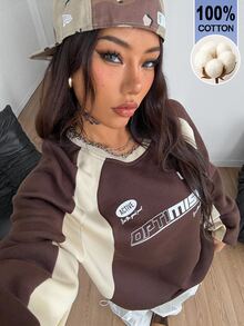 Coolane 女款秋冬街頭風學院風運動休閒外出基本款情侶同款拼色棕色米色圖案衛衣 100%棉 - 棕色 - 查看 3