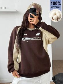 Coolane 女款秋冬街頭風學院風運動休閒外出基本款情侶同款拼色棕色米色圖案衛衣 100%棉 - 棕色 - 查看 7