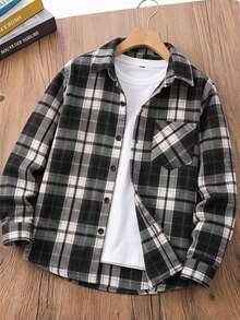 SHEIN 青少年男孩秋冬休閒學院風黑白格紋襯衫校園風 - 黑與白 - 查看 1