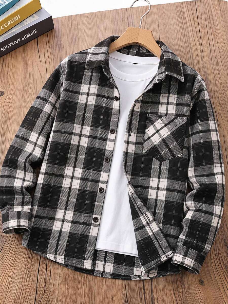 SHEIN 青少年男孩秋冬休閒學院風黑白格紋襯衫校園風 - 黑與白 - 查看 1