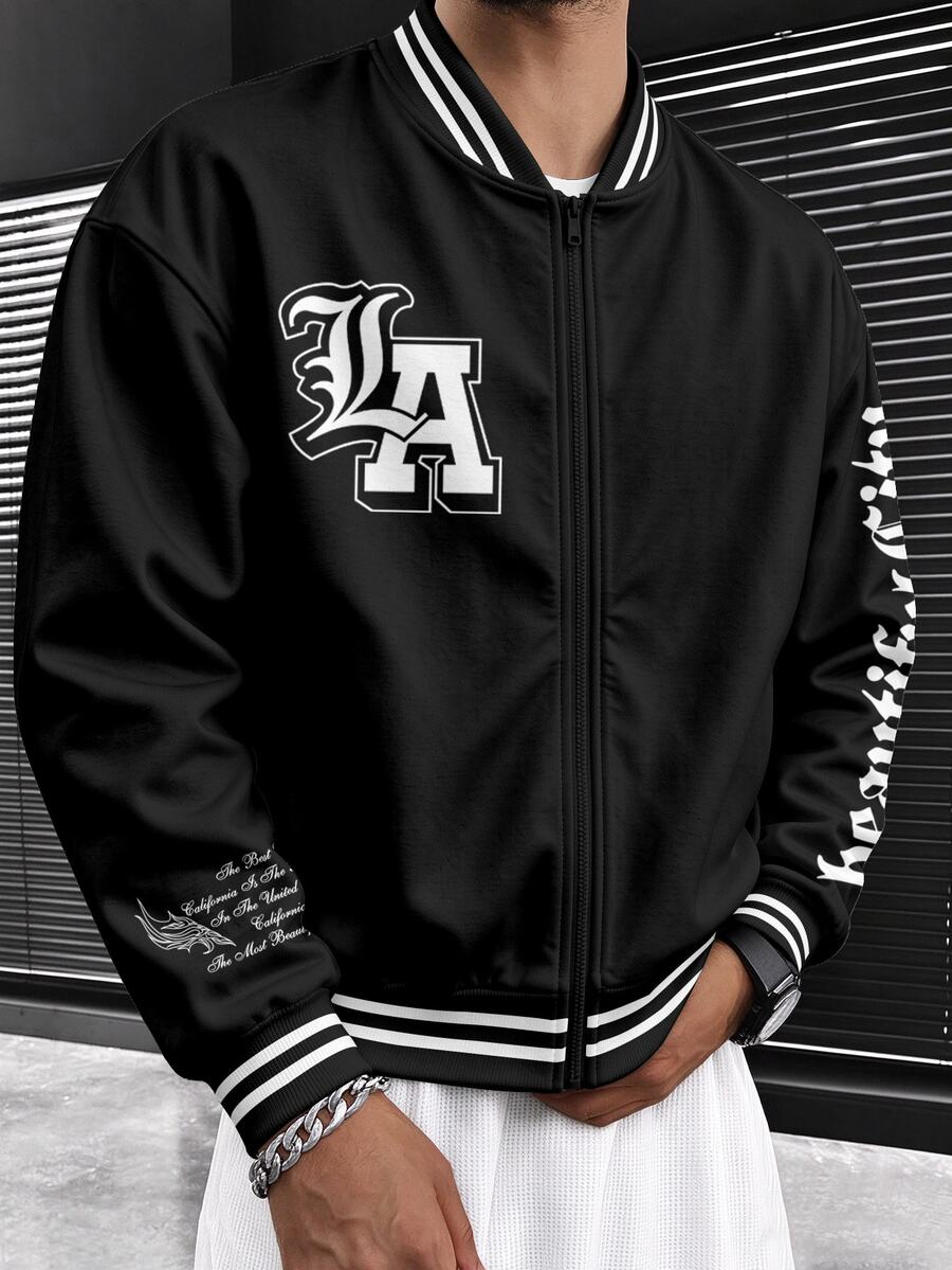 HypeHours Men's Letter Print Zip-Up Long Sleeve Jacket - Multicolor - View 1