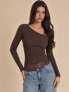 Allurite Contrast Lace Asymmetrical Neck Top Night Out Olive Green Autumn Sexy - Brown - View 6