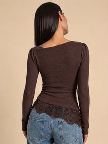 Allurite Contrast Lace Asymmetrical Neck Top Night Out Olive Green Autumn Sexy - Brown - View 4