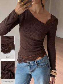 Allurite Contrast Lace Asymmetrical Neck Top Night Out Olive Green Autumn Sexy - Brown - View 1
