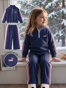 Bộ 2 món áo khoác và quần jogger cho bé gái chập chững, áo sweatshirt dài tay cổ đứng kéo khóa, thêu hình chó, sọc hai bên, màu xanh navy hồng ngọt ngào, dáng regular, mặc ngoài trời mùa thu lễ hội - Nhiều màu - Xem 4