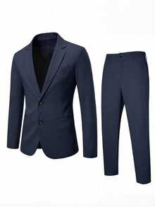 Manfinity Mode Men's Simple Solid Color Button Long Sleeve Suit Jacket And Casual Pocket Pants Set, Ceremony, Formal - Navy Blue - View 4
