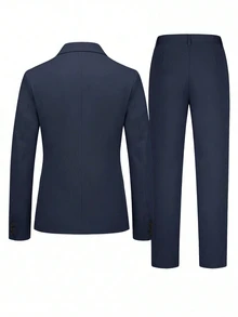 Manfinity Mode Men's Simple Solid Color Button Long Sleeve Suit Jacket And Casual Pocket Pants Set, Ceremony, Formal - Navy Blue - View 2