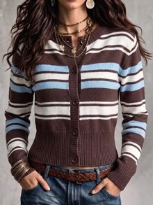 SHEIN French Style Round Neck Contrast Striped Knit Cardigan, Spring/Autumn New Coffee Color Slim Fit Short Sweater, Versatile Flattering Commuter Slouchy Long Sleeve Knit Top - Multicolor - View 1