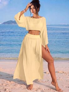 Nevyona Women's White Long Sleeve Split Casual Beach Cover Up Two Pieces Set - Yellow - View 6