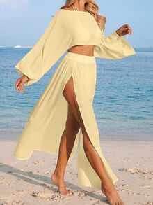 Nevyona Women's White Long Sleeve Split Casual Beach Cover Up Two Pieces Set - Yellow - View 7
