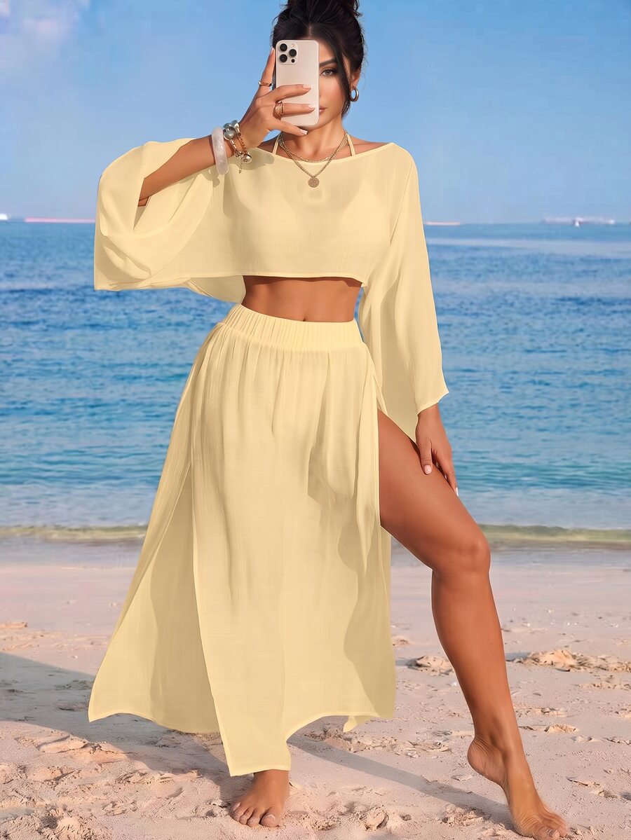 Nevyona Women's White Long Sleeve Split Casual Beach Cover Up Two Pieces Set
