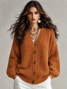Omancia Spring/Summer White Lantern Sleeve Front Button Ribbed Loose Knit Cardigan - Brown - View 1