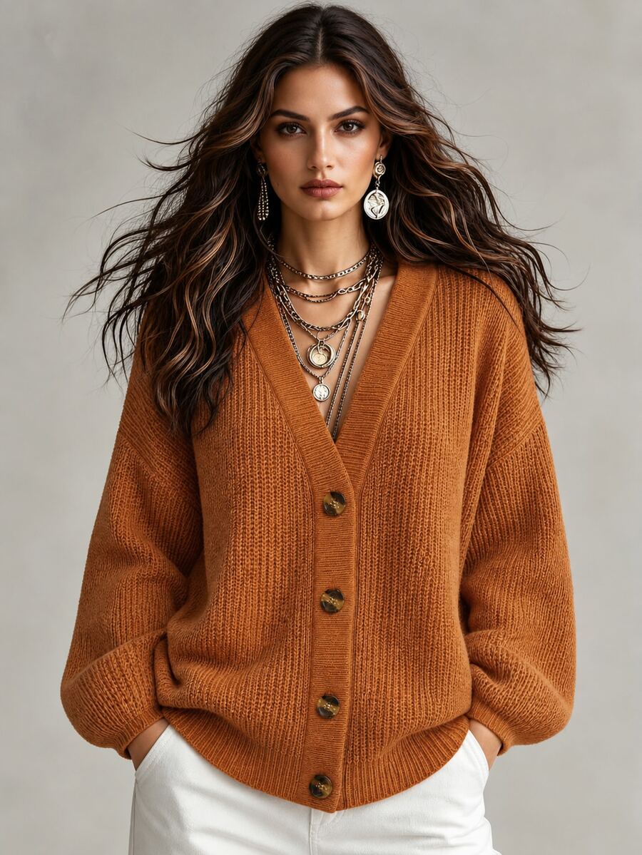 Omancia Spring/Summer White Lantern Sleeve Front Button Ribbed Loose Knit Cardigan - Brown - View 1