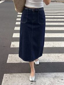 Serisse 女款高腰牛仔裙，對比縫線配腰帶，修身A字版型 - 深色水洗藍 - 查看 5