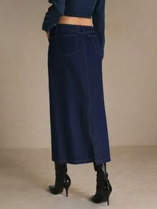 Serisse 女款高腰牛仔裙，對比縫線配腰帶，修身A字版型 - 深色水洗藍 - 查看 2