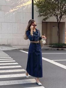 Serisse 女款高腰牛仔裙，對比縫線配腰帶，修身A字版型 - 深色水洗藍 - 查看 7