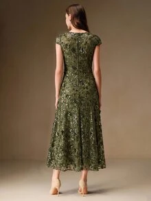 Anewsta Affair Elegant Green Floral Embroidered Mesh Sequin Short Sleeve Dress For Women, Suitable For Party, Date, Vacation - Green - View 6