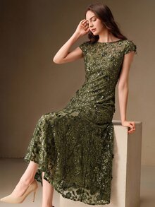 Anewsta Affair Elegant Green Floral Embroidered Mesh Sequin Short Sleeve Dress For Women, Suitable For Party, Date, Vacation - Green - View 4